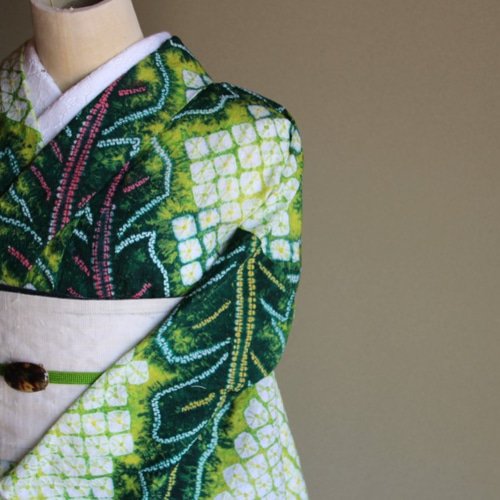 ◇有松絞り浴衣◇完全新品現代有松【グリーンからイエローのぼかし】夏