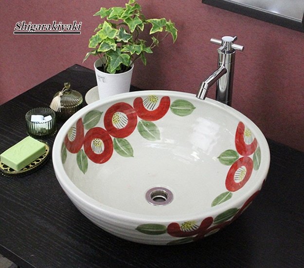 つばき絵手洗い鉢【中型サイズ】信楽焼き手洗器！陶器の手水鉢［tr