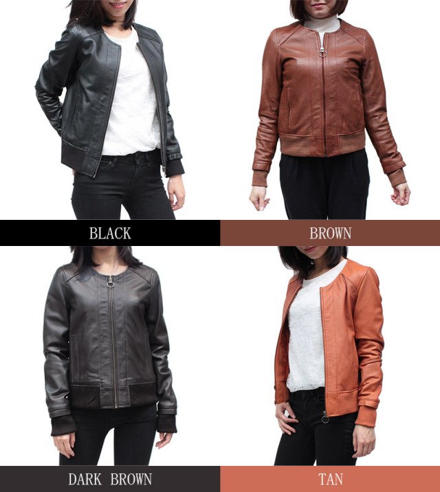 ラム革 ノーカラージャケット レディース ブラック/ブラウン/キャメル