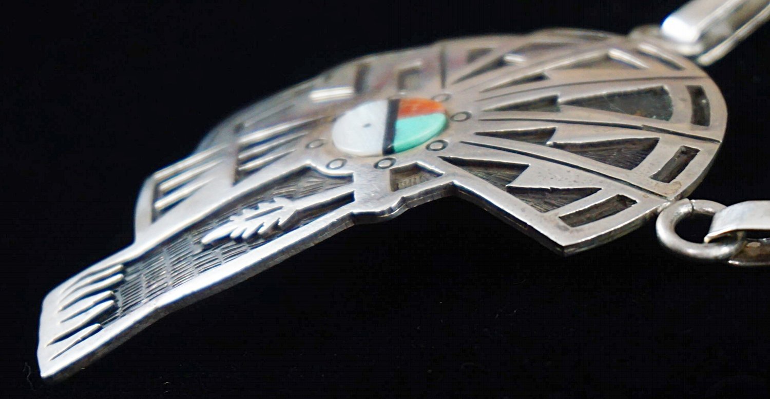 Item #856P- Hopi 3 pc Silver Indian Bust Overlay w/ Inlay Sunface