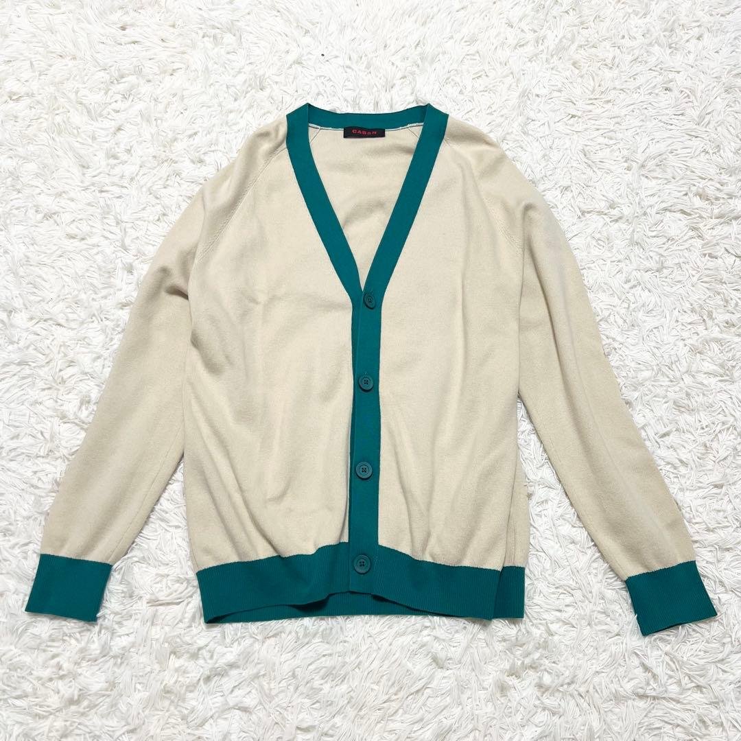 美品✨CABaN コットンカシミヤ カーディガン ベージュ×グリーン XL CABaN コットンカシミヤ バイカラーVネックカーディガン