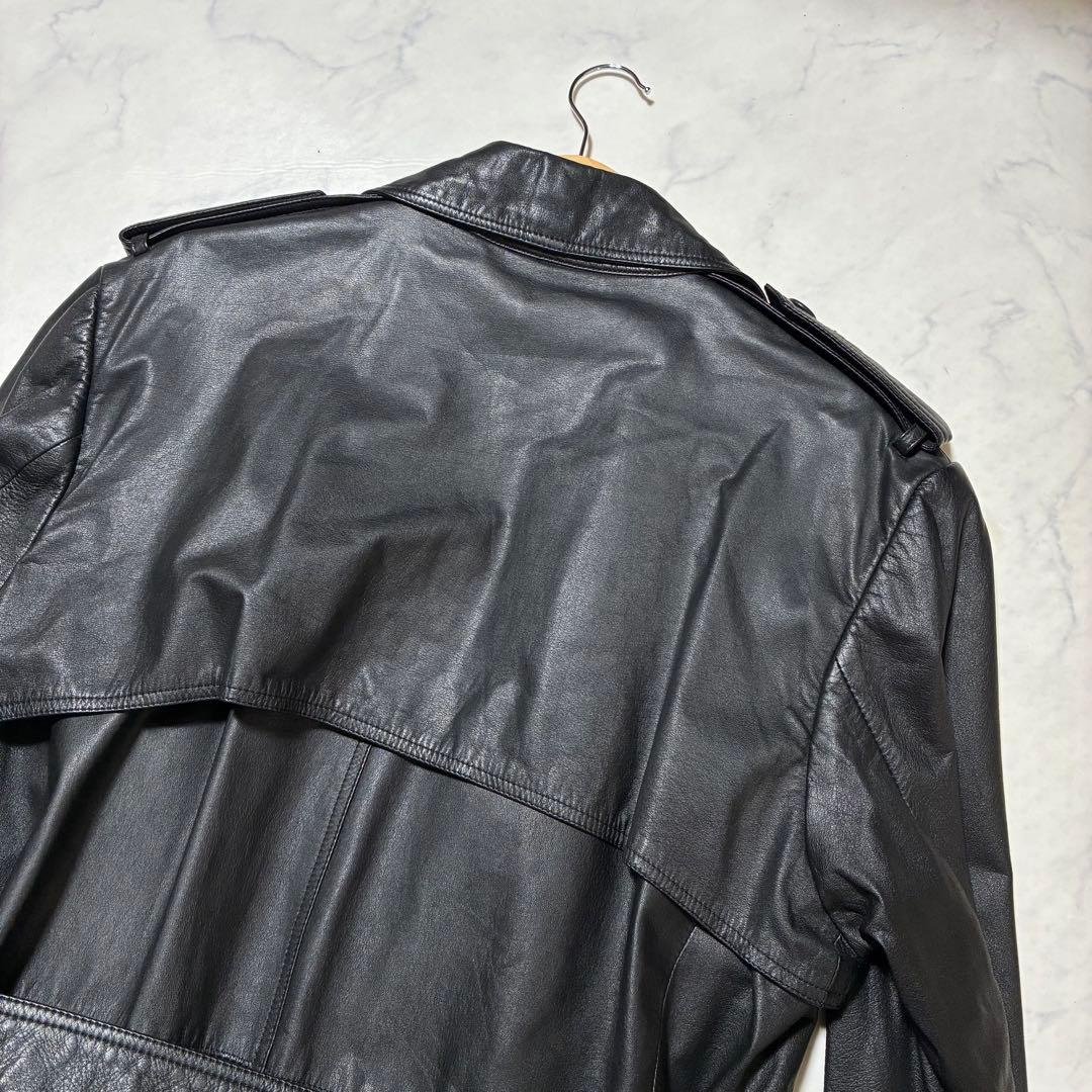美品✨VINTAGE レザー トレンチコート ロング ダブル ベルト 黒 L位