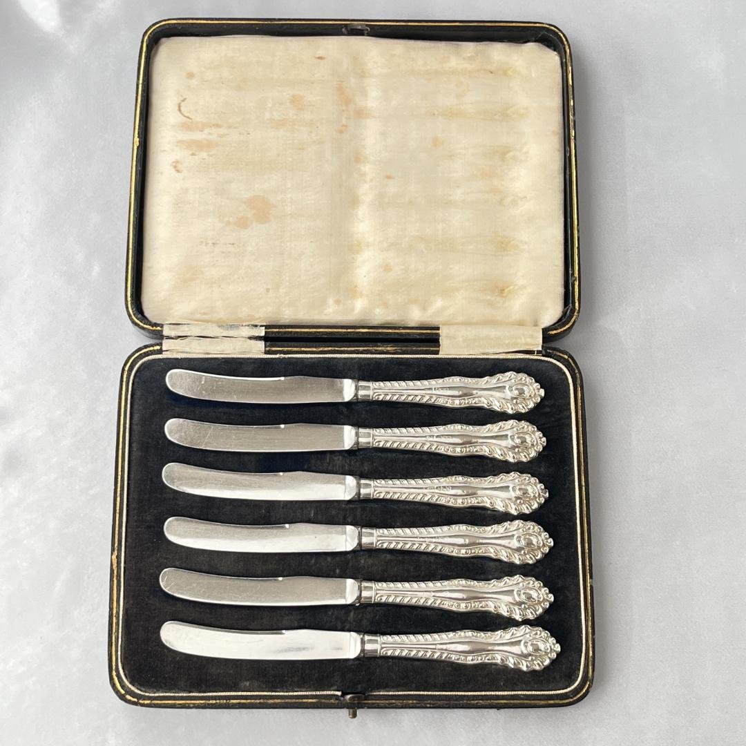 C H Davis】 【純銀ハンドル】ティーナイフ 6本 ケース 1902年