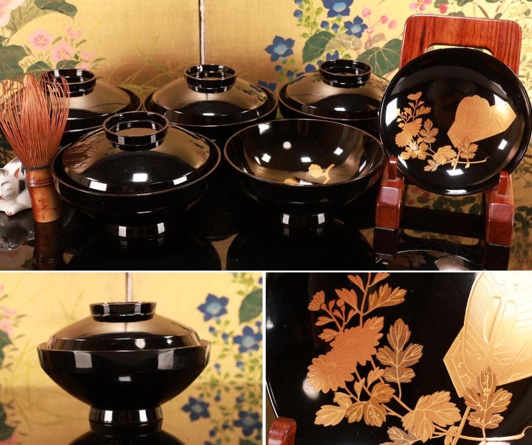 時代輪島塗　目出た図金蒔絵　吸物椀　五客　木製　霊芝　草花 BJ047 輪島塗椀 草花金蒔絵 黒塗御吸物椀 五客 木製漆器 漆芸懐石会席｜Yahoo